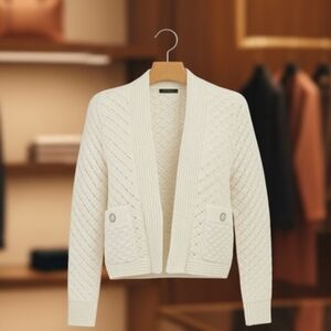 POL Cardigan Cream Knit Gold Thread Sequin Detail Boho Cropped Sweater M